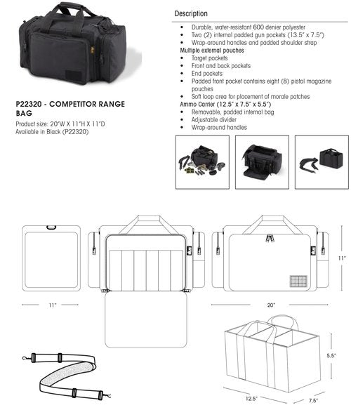 US PeaceKeeper Products P22320 - Competitor Range Bag - Heavy-Duty Water-Resistant Fabric - Wrap Around Handles - Padded Pockets - Black