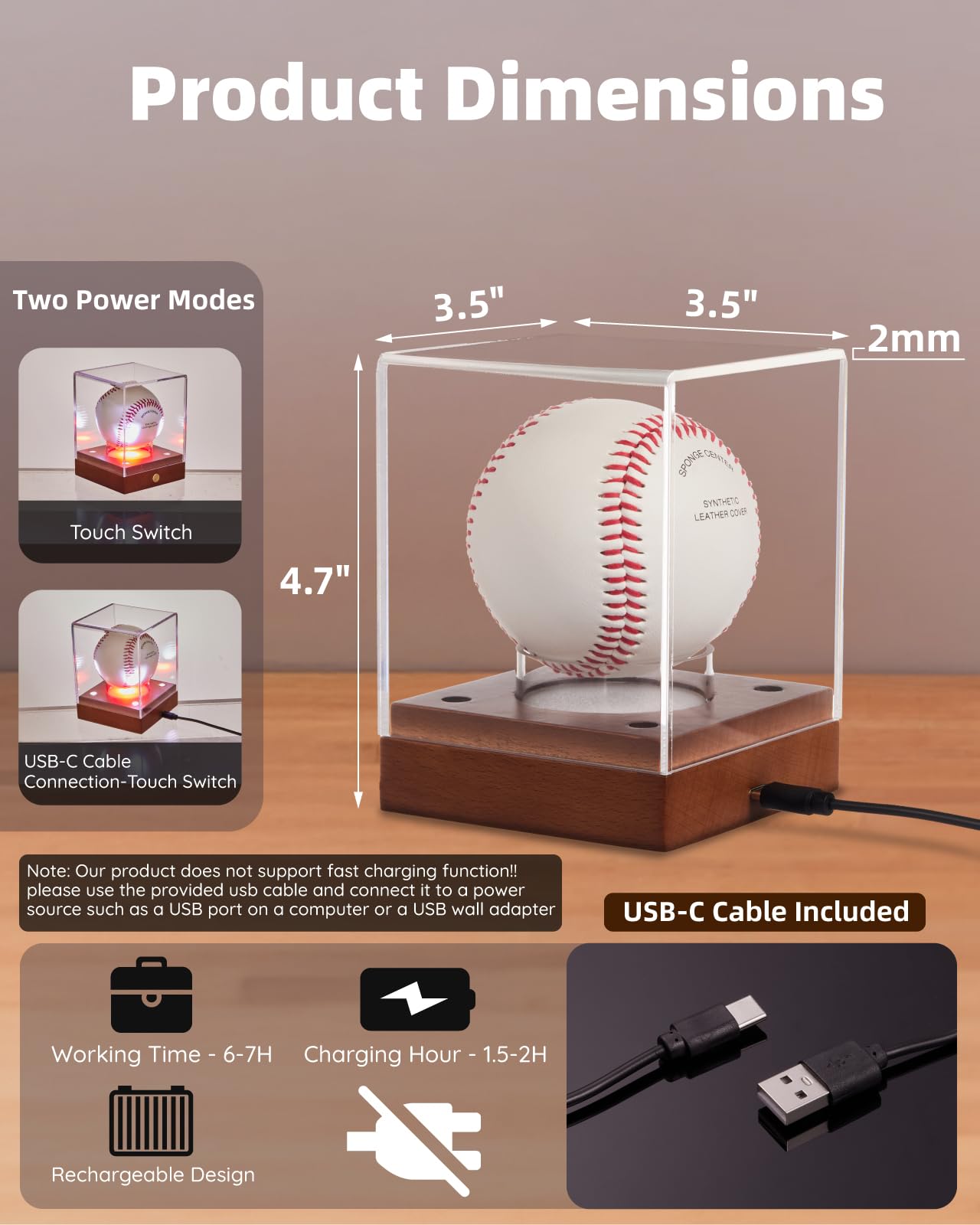 Fitense Baseball Display Case with Led Light, Clear Acrylic Baseball Case Display with Wooden Base, UV Protected Baseball Holder Case, Clear Baseball Stand Box for Memorabilia Baseball