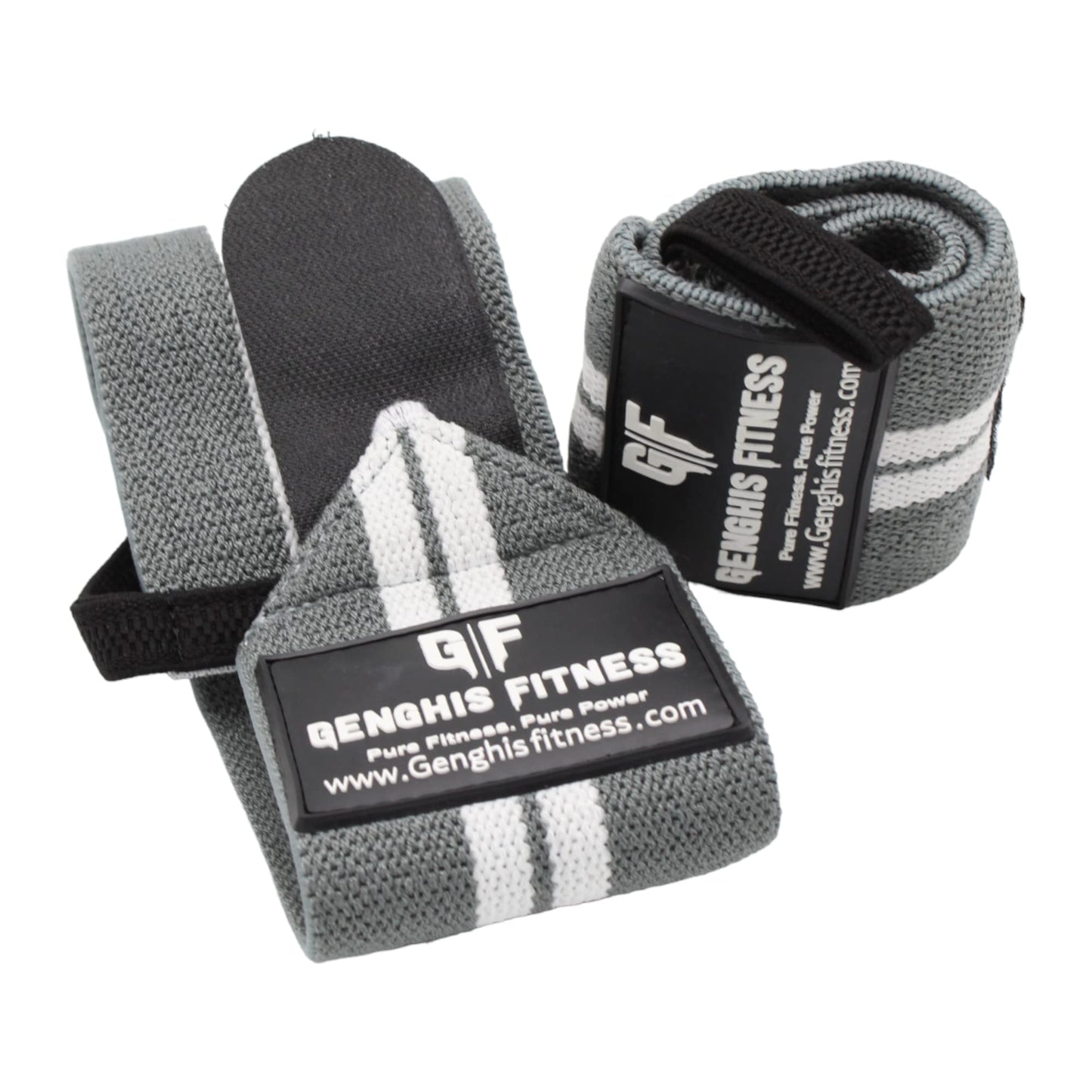 Genghisfitness Weightlifting Wrist Wraps Pair For Powerlifting (12", Grey with White Stripes)