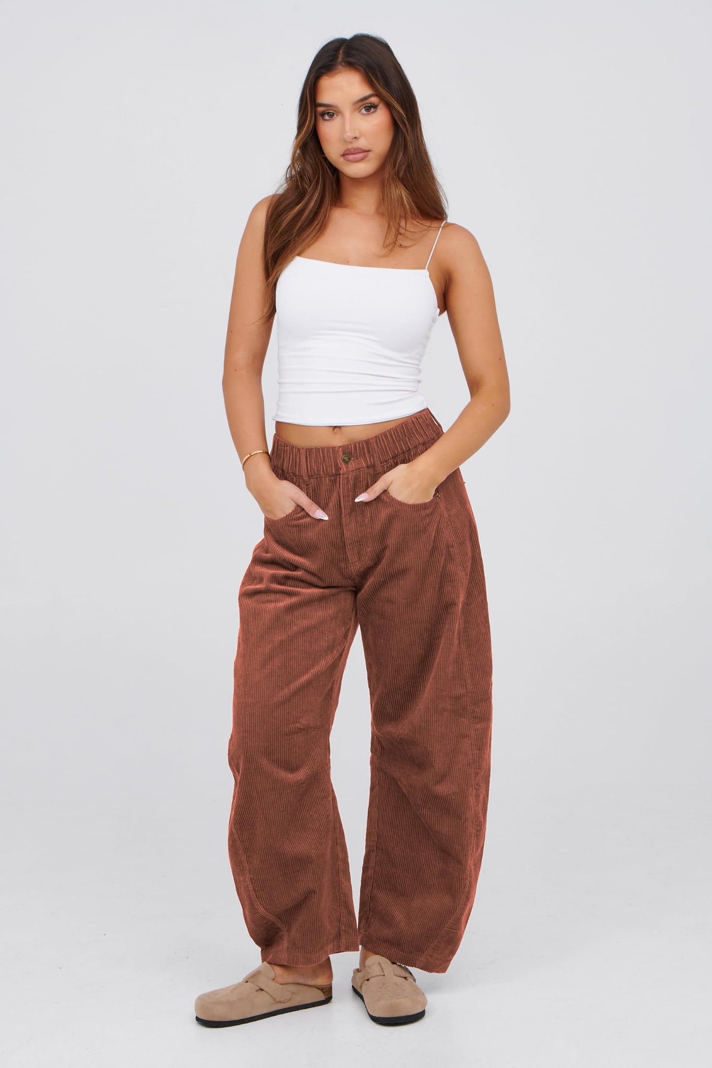 Lviefent Womens Mid Rise Cord Barrel Jeans Casual Baggy Wide Leg Corduroy Cropped Ankle Pants with Pockets (Burgundy-S)