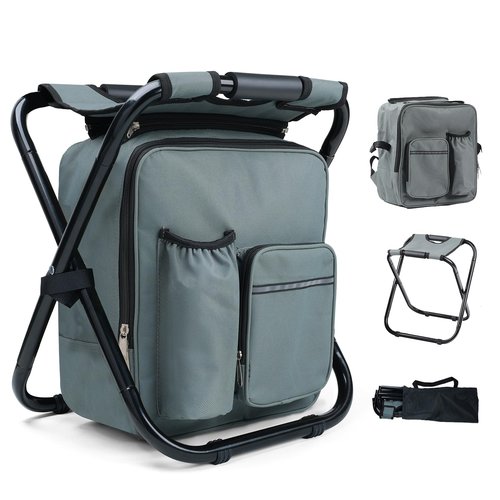 Outplea Lightweight Folding Backpack Stool with Cooler, Beach Fishing Cooler Chairs Backpack for Adults, Gray