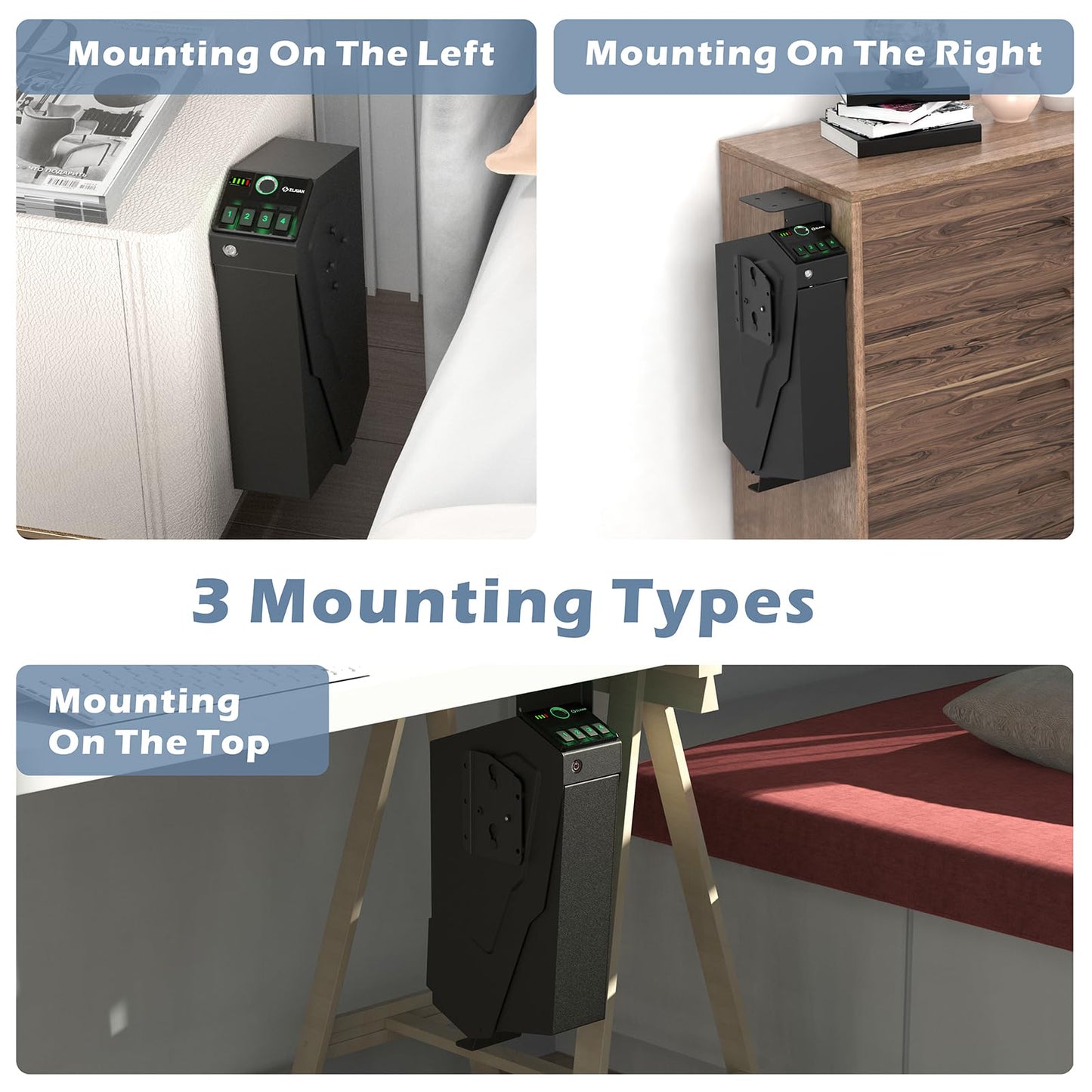 Z ZLJUAN Mounted Gun Safe for Pistols,Quick-Access Handgun Pistol Safe for Nightstand Bedside Desk Bed with Biometric Fingerprint, Keypad Lock,Key
