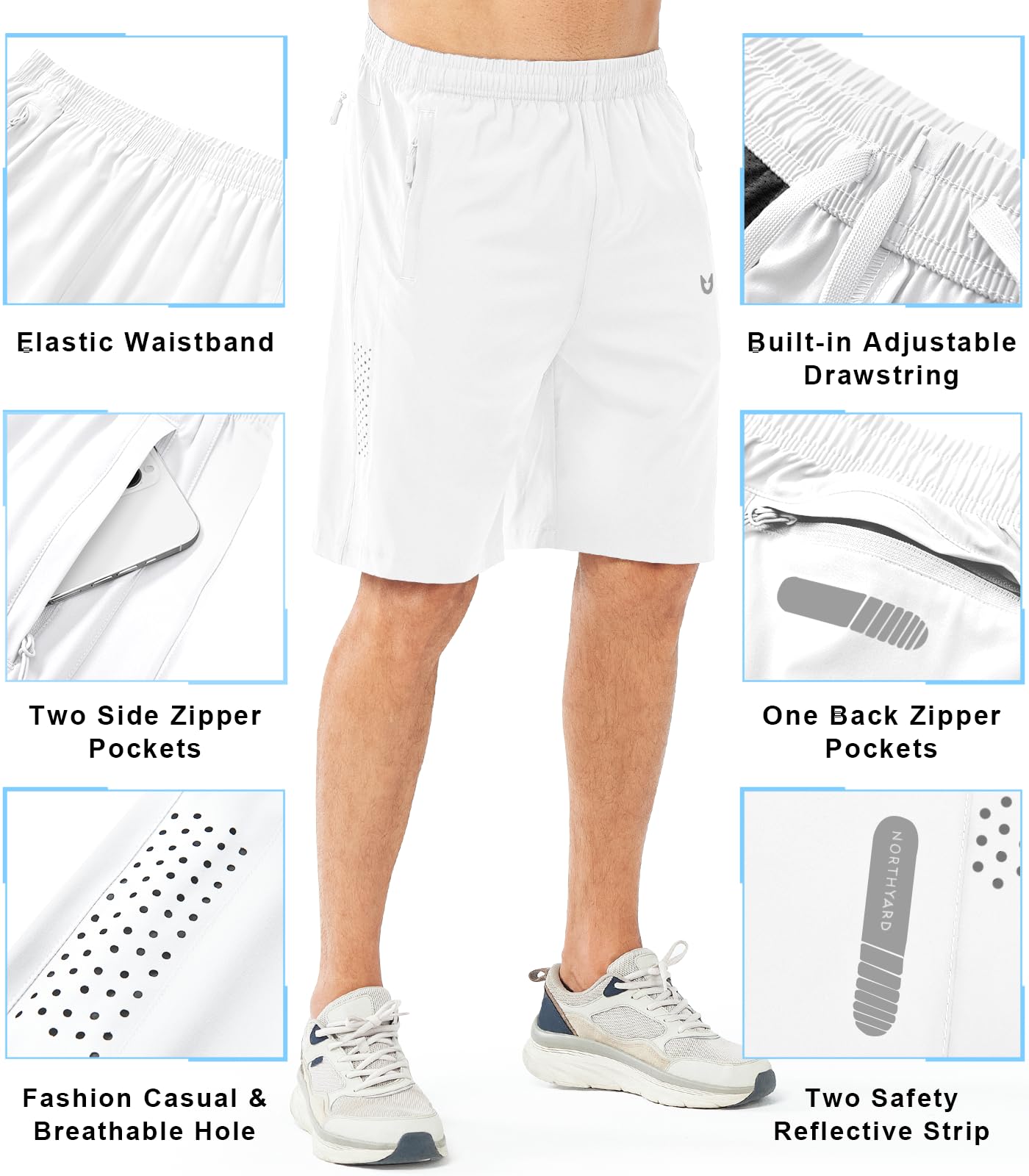 NORTHYARD Men's Athletic Running Shorts Gym Workout 7"/9"/5" Quick Dry Lightweight Sports Basketball Tennis 3 Zipper Pockets WHITE-9inch 2XL