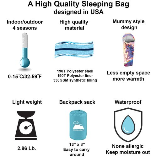 Mummy Style 32 – 59F Kids Sleeping Bag with Pillow Sleeve, Full Scale Digital Printing Unicorn, Mermaid, Kitty or Puppy, Lightweight, Ideal for Camping, Sleepover, Boys, Girls, Youth and Toddlers
