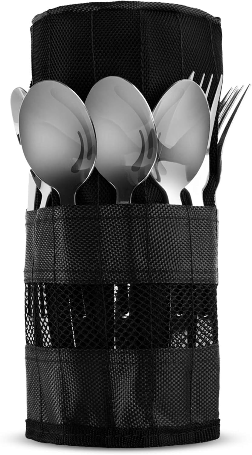 13 Piece Stainless Steel Family Cutlery Picnic Utensil Set with Travel Case for Camping | Hiking | BBQs - Includes Forks | Spoons | Knifes | Chopstick, Plus Nylon Commuter Case (Green)