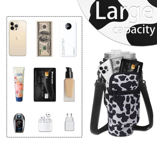 PETSTAY Water Bottle Carrier Bag with Phone Pocket for Stanley Quencher H2.0 & Adventure 40oz Tumbler, Adjustable Shoulder Hand Strap, Accessories for Walking Hiking Travelling Camping (Cow)