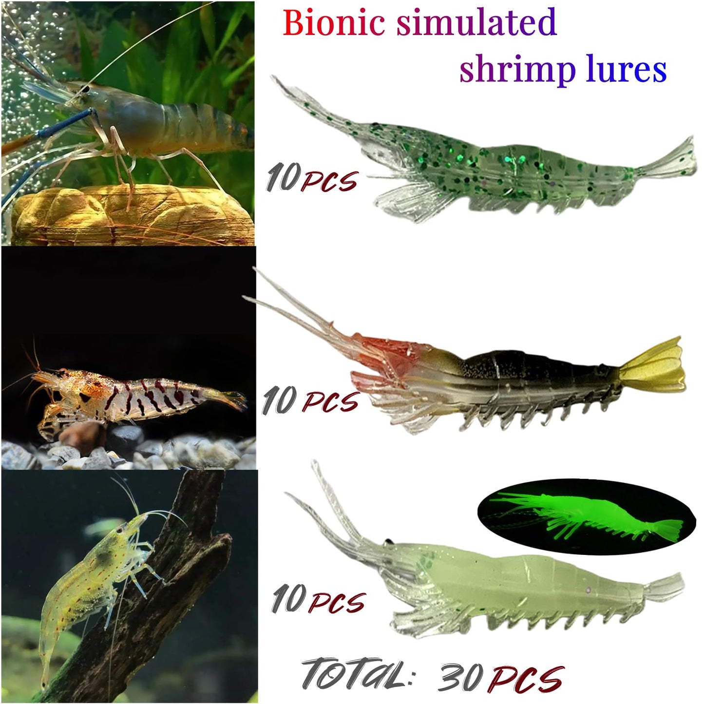 DAMIDEL 30Pcs Simulation Fishing Soft Plastic Lures Bait Kit, Lumionous Shrimp Lures Set, Universal Size 3.2in, 1/8oz, Bass Fishing Tackle