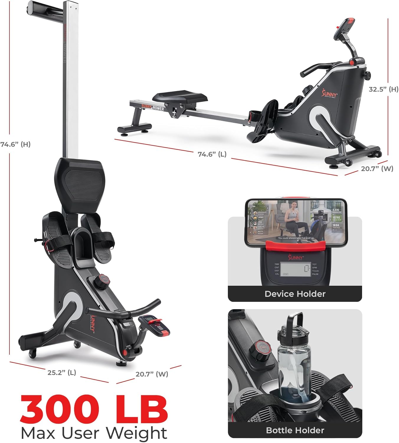 Sunny Health & Fitness Foldable Rowing Machine for Home - Full-Body Low-Impact Workout, Quiet Operation & Free SunnyFit App