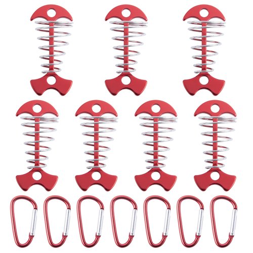 CHANGE MOORE Aluminum Deck Tie Down Spring Windproof Tent Stakes, Camping Outdoor Fishbone Tent Anchors Tent Rope Red Deck Anchor Pegs with Red Carabiners (7Pcs)