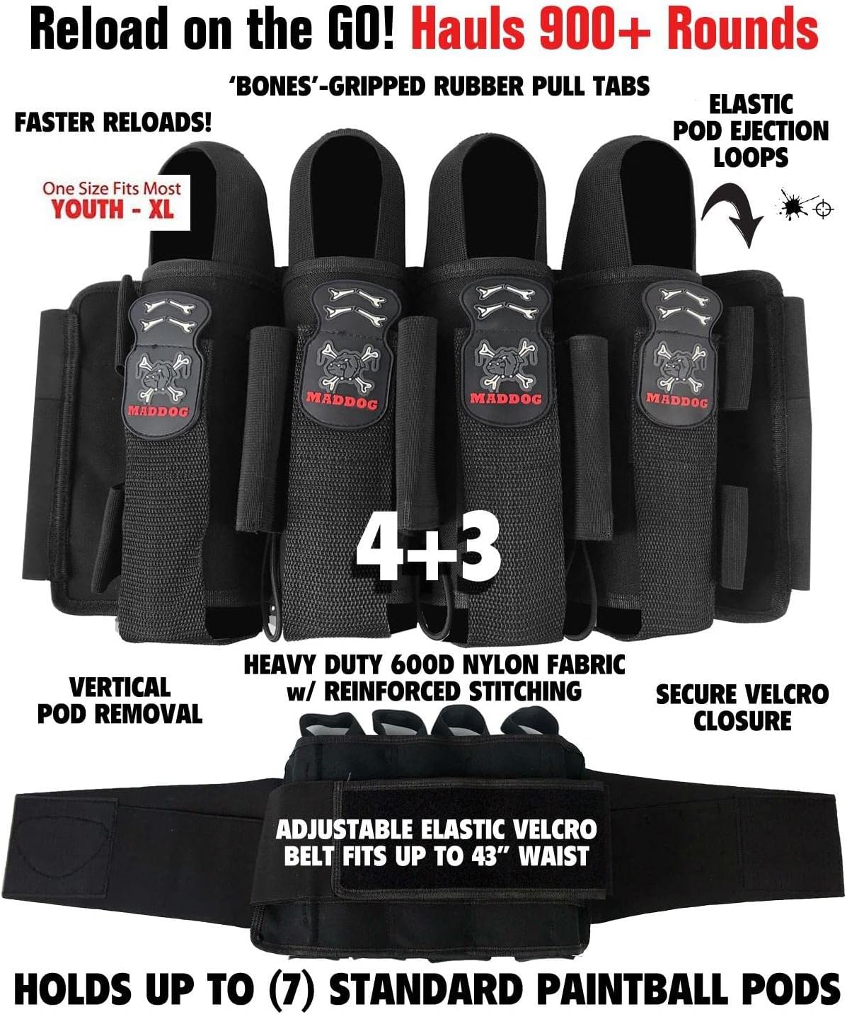 Maddog Pro 3+2 Paintball Harness Pod Pack | Pod Ejection | Adjustable Elastic Velcro Belt
