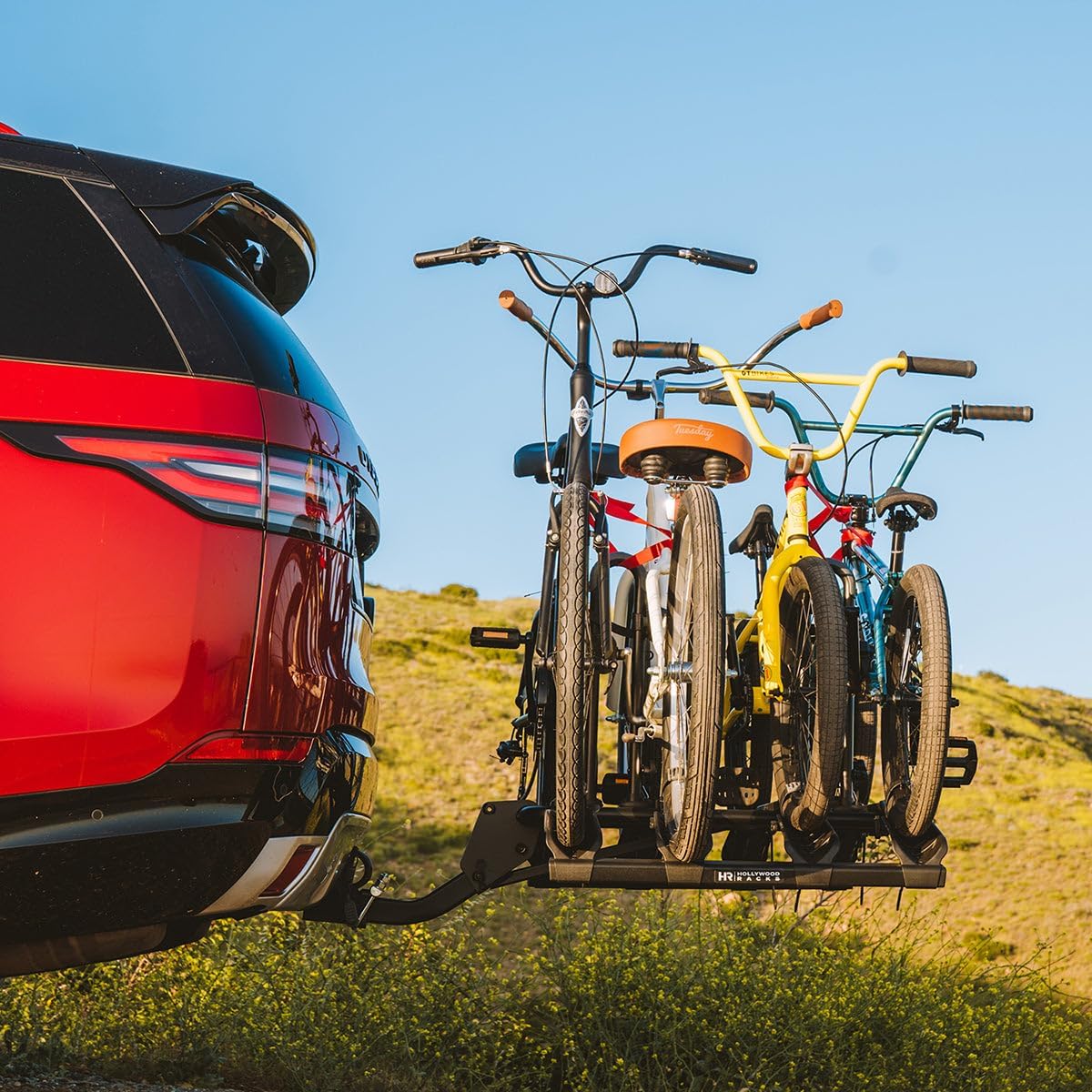 Hollywood Racks Destination E Hitch Bike Rack with Ramp for 2 Bikes up to 70 lbs Each - Secure, Lockable Electric Bike Rack - Premium, Foldable Bicycle Car Racks for Standard or E-Bikes