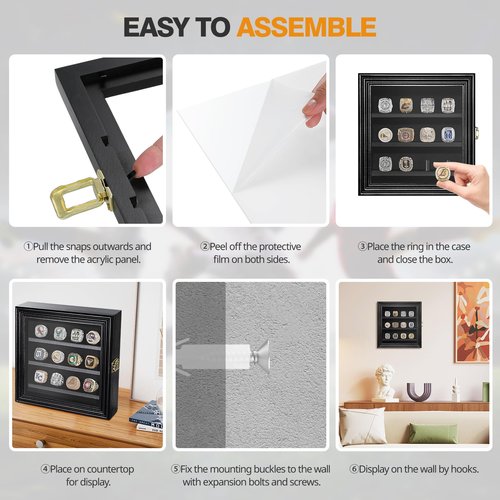 MoKo Championship Ring Display Case, 12 Ring Holder, Wooden Box with Lock, Wall Mount or Tabletop Display
