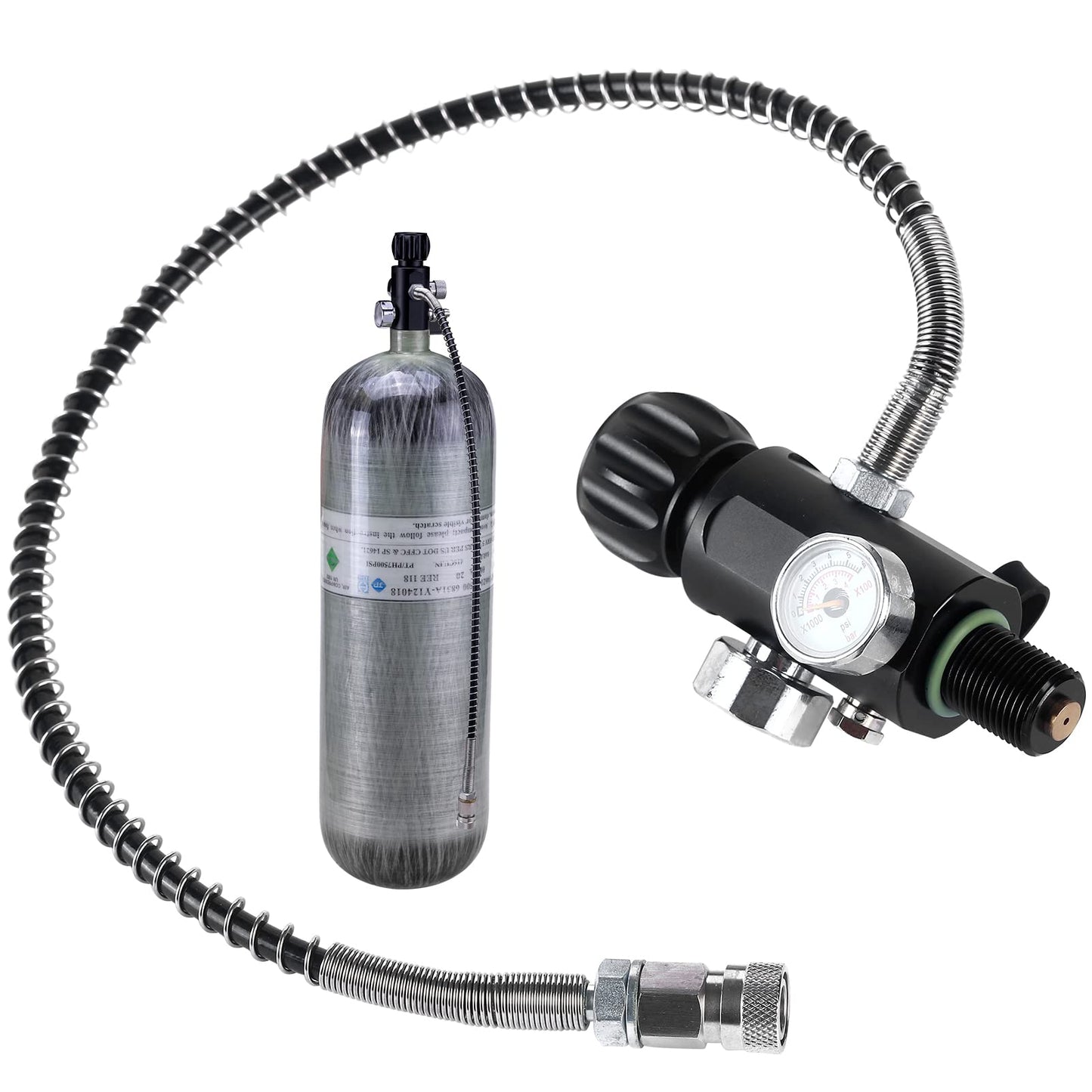 7/8-14UNF thread 4500psi Paintball Fill Station PCP Air-gun Charging Valve Dual Gauge Valve Air Tank Valve with 20 Inch High Pressure Hose (Non Regulated) for Cylinder Charging System