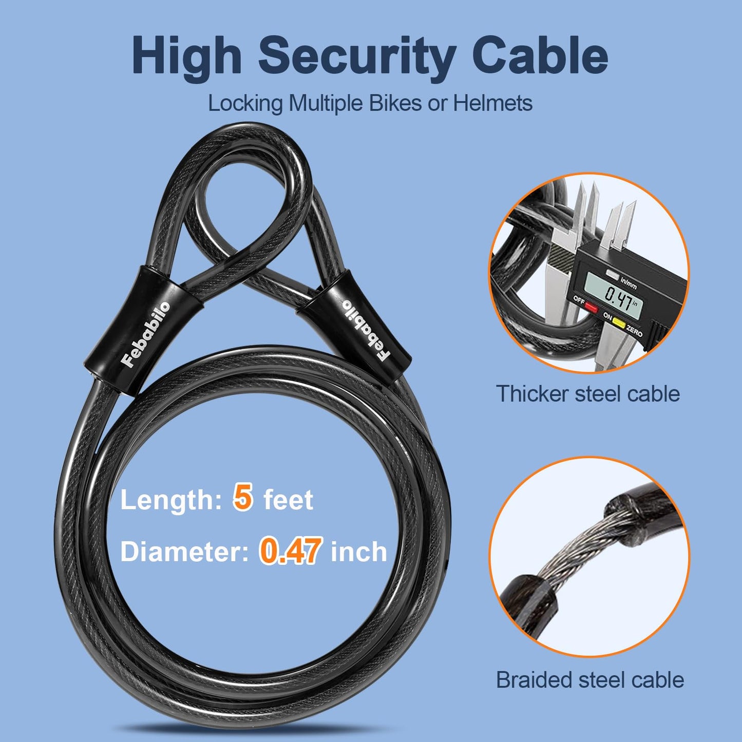 Febabilo Bike Locks Heavy Duty Anti Theft, Combo Bike U Lock, 4-Digit Resettable Combination E-Bike Large U Shaped Lock with 5Ft Steel Cable for Electric Bike, Bicycle, Escooter, Motorcycle,Door