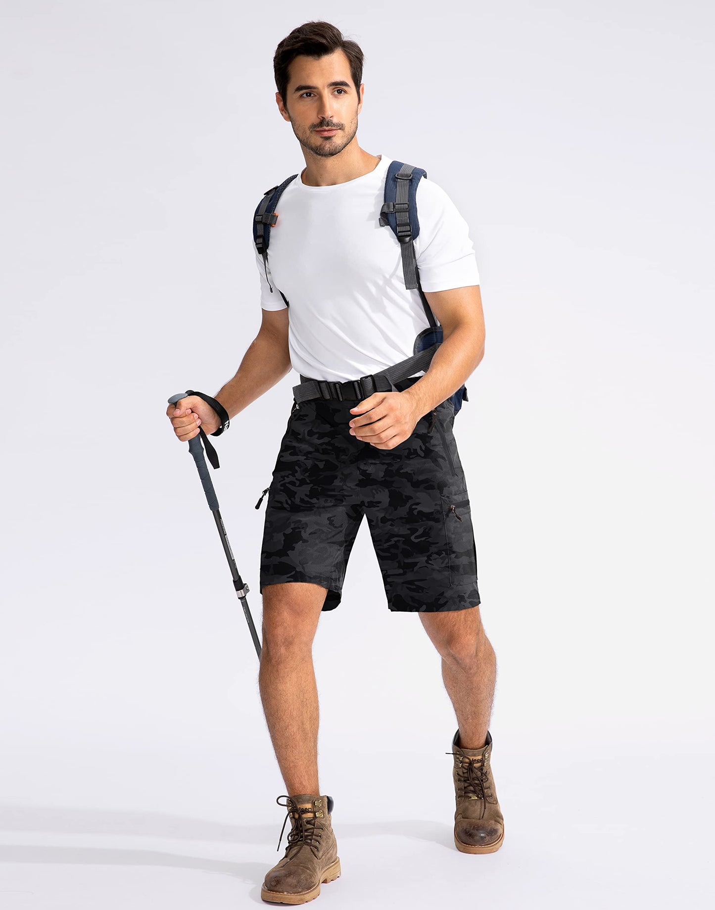 Pudolla Men's Hiking Cargo Shorts 9" Lightweight Outdoor Work Shorts for Men Travel Golf Camping Casual with 5 Zipper Pockets(Black Camo XX-Large)