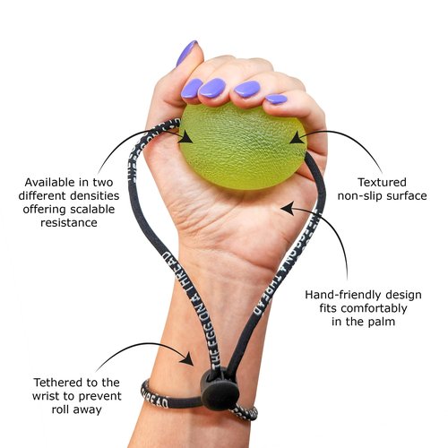 THE EGG ON A THREAD - hand squeezer trainer, grip strengthener, therapy and stress ball two-set. This exerciser is perfect for stress relief, forearm, hand and finger strength, therapy and rehab