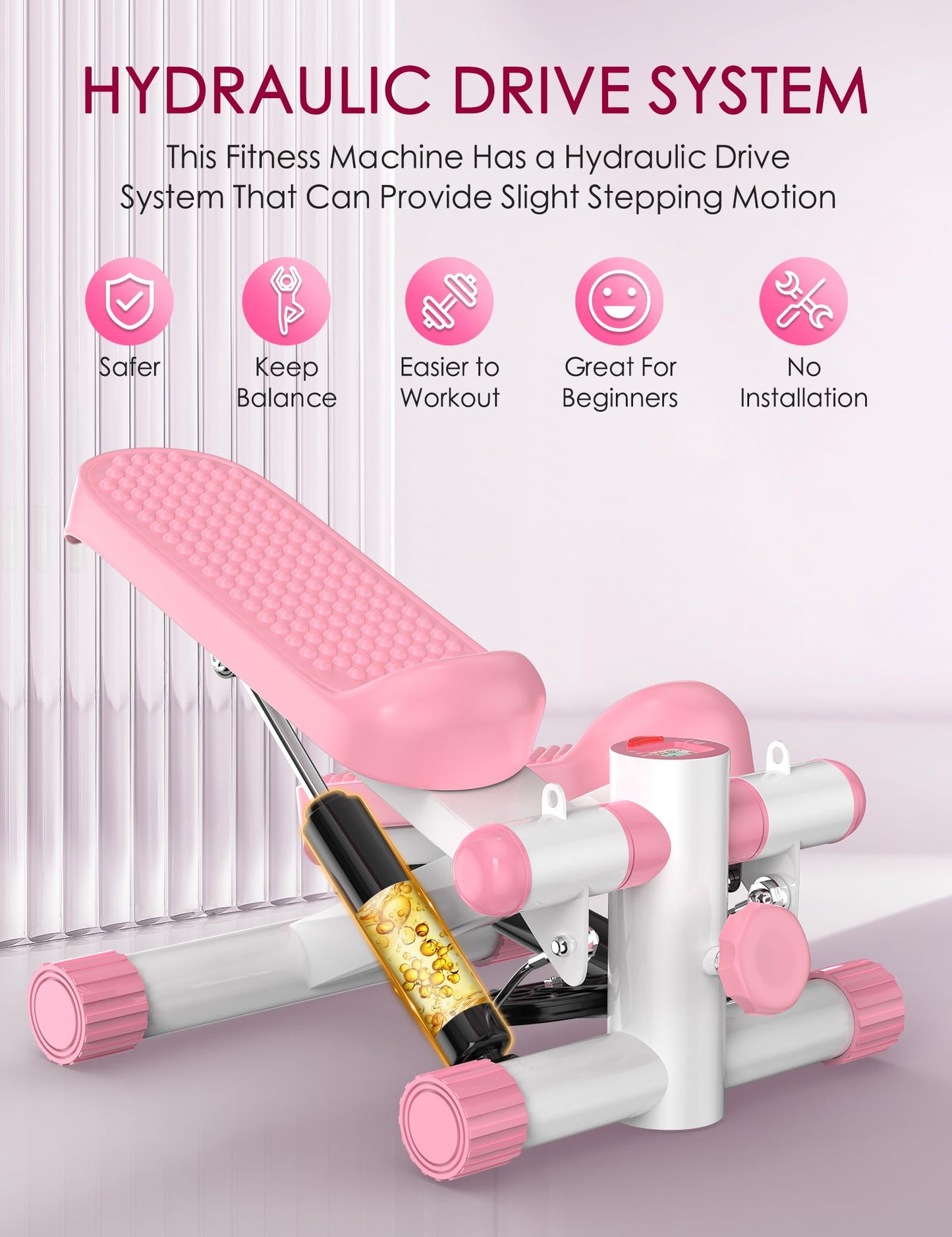 KitGody Steppers for Exercise at Home, Stair Stepper with Resistance Bands 330LBS Capacity, Pink Mini Stepper for Home Full Body Workout