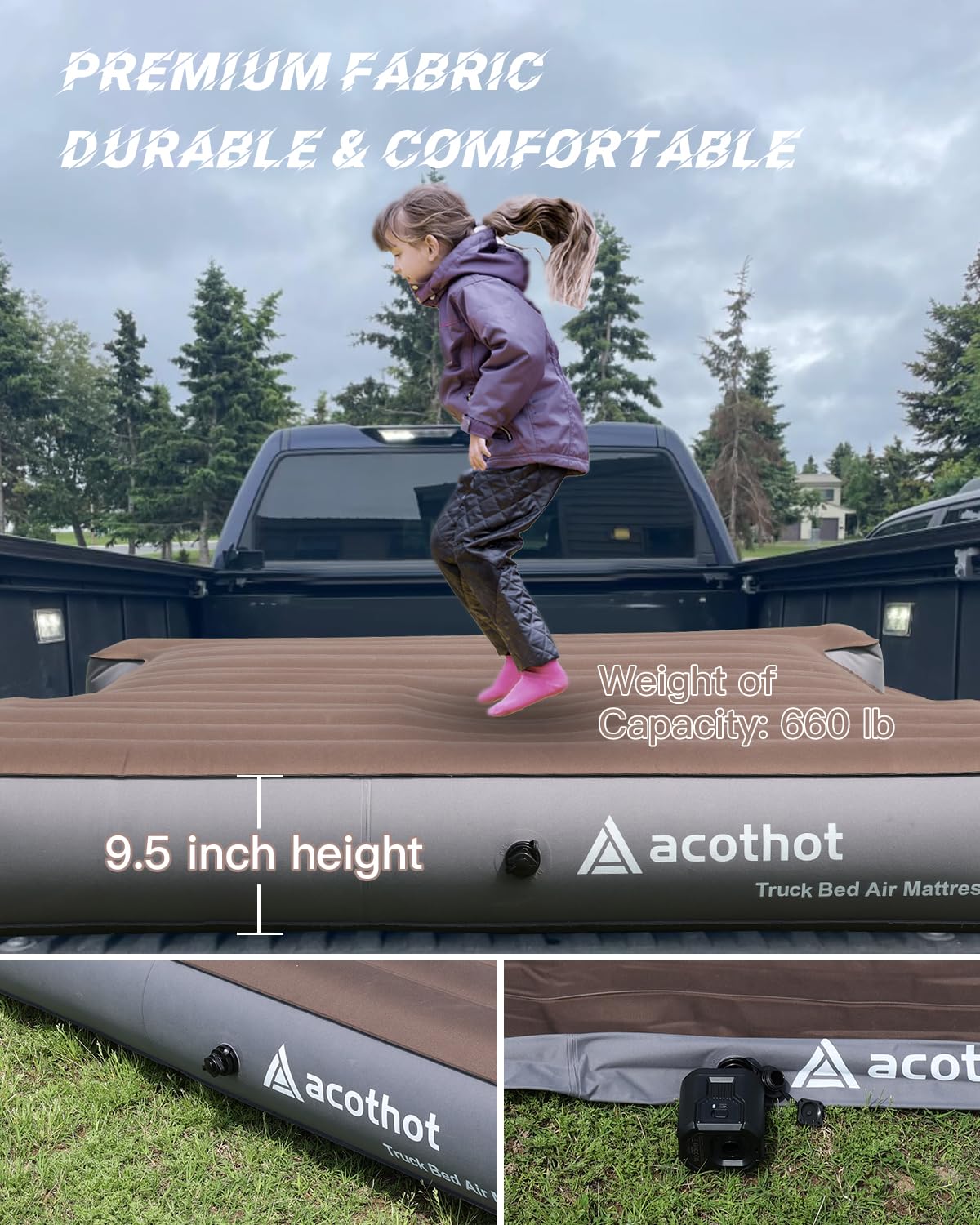 ACOTHOT Truck Bed Air Mattress with Cordless Rechargeable Air Pump, Peachskin Fabric Truck Bed Mattress with 2 Pillows Fits 5.5-5.8ft Short Beds | 9.5" Height Mattress Perfect for Outdoor Camping