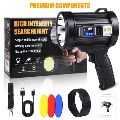 Rechargeable Spotlight, 99000 Lumens Bright LED Spotlight Flashlight, Long Running Spot Light Searchlight, Outdoor Handheld Spotlights with Solar Panels for Hunting,Camping,Boat,6 Spotlight Modes
