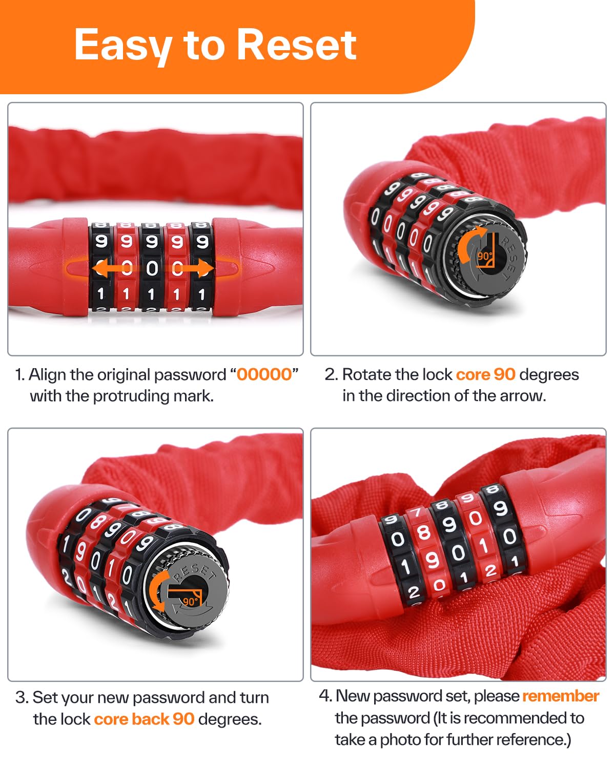 Sportneer Bike Lock: 5 Digit Combination High Security Anti Theft Bike Chain Lock - 3.2/3.6/4ft Heavy Duty Resettable Keyless Bicycle Lock for Bike, Motorcycle, Scooter, Door - 6mm Thick Red