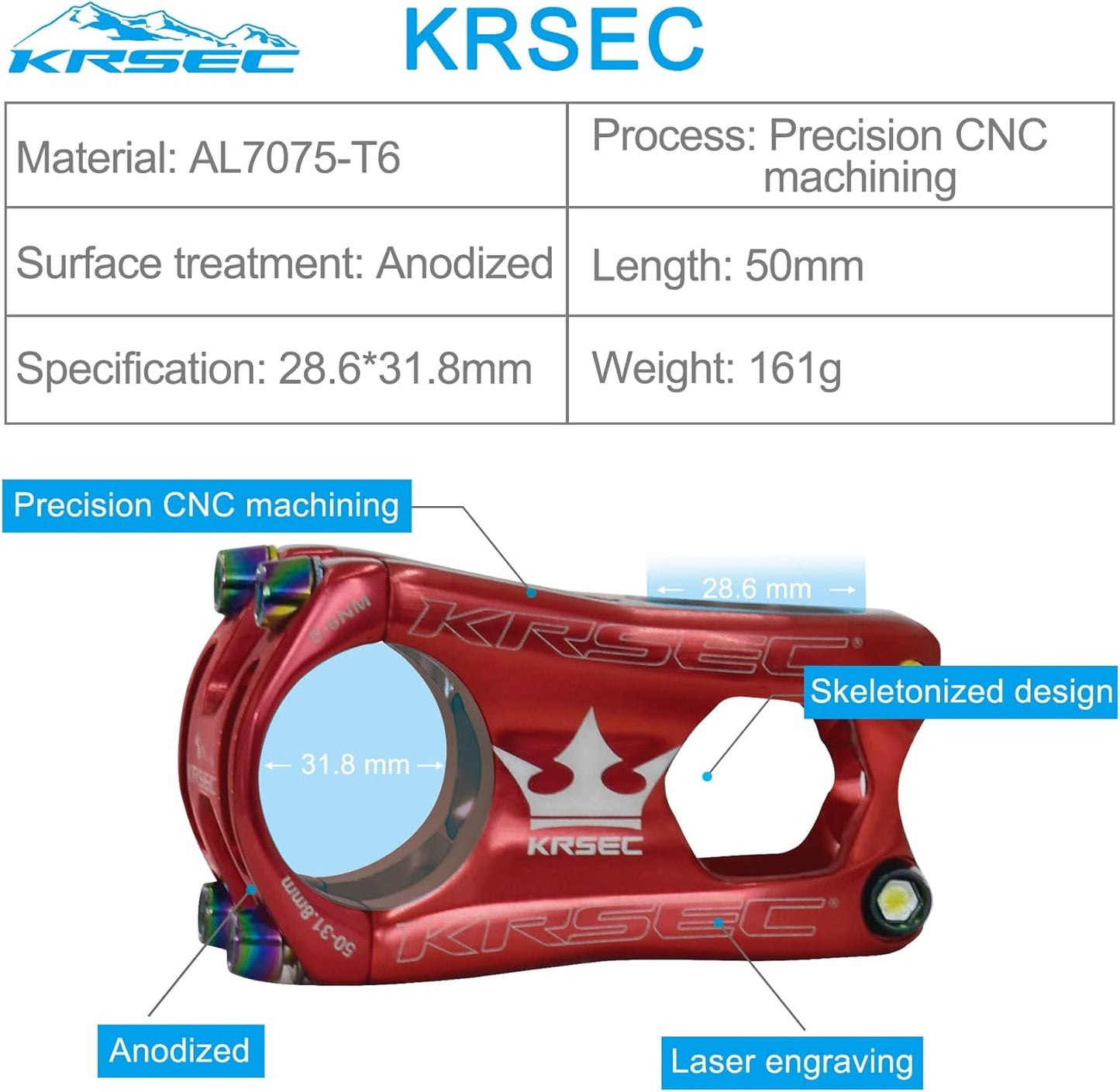 31.8 Stem 50mm Bike Stem Mountain Bike Stems Short Handlebar MTB Stem Aluminum Alloy for Most Bicycle,Road Bike,BMX,DH,FR,Fixie Gear Cycling Accessories