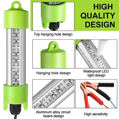 Retisee 2 Pcs 12V Green Underwater Fishing Light IP68 Waterproof Aluminum Bright LED Fish Bait Submersible Night Fishing Lights Lure Bait Finder with Battery Clamp for Crappie(45w, 24.61 ft)
