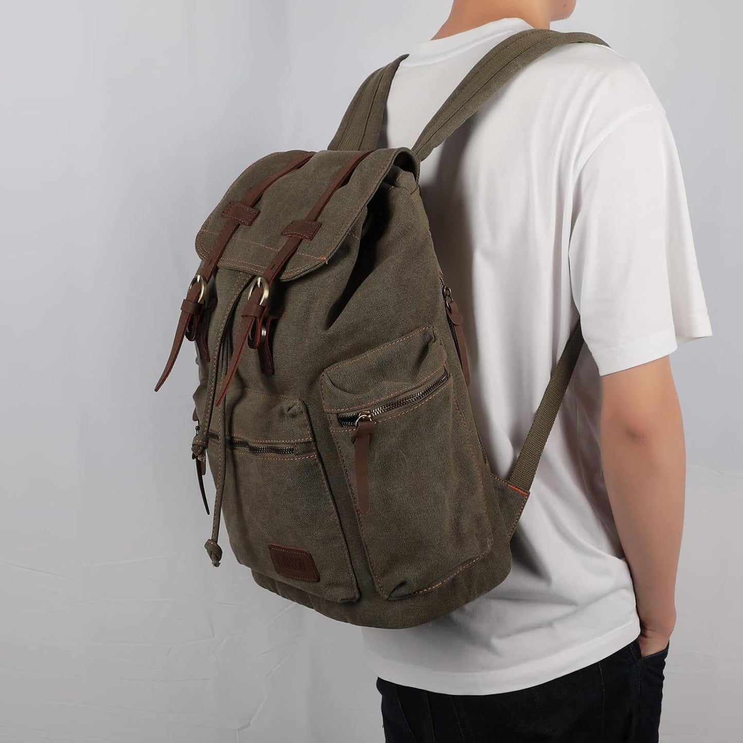 Vintage Leather Trim Backpack for Men & Women | Casual Travel Rucksack for Laptops