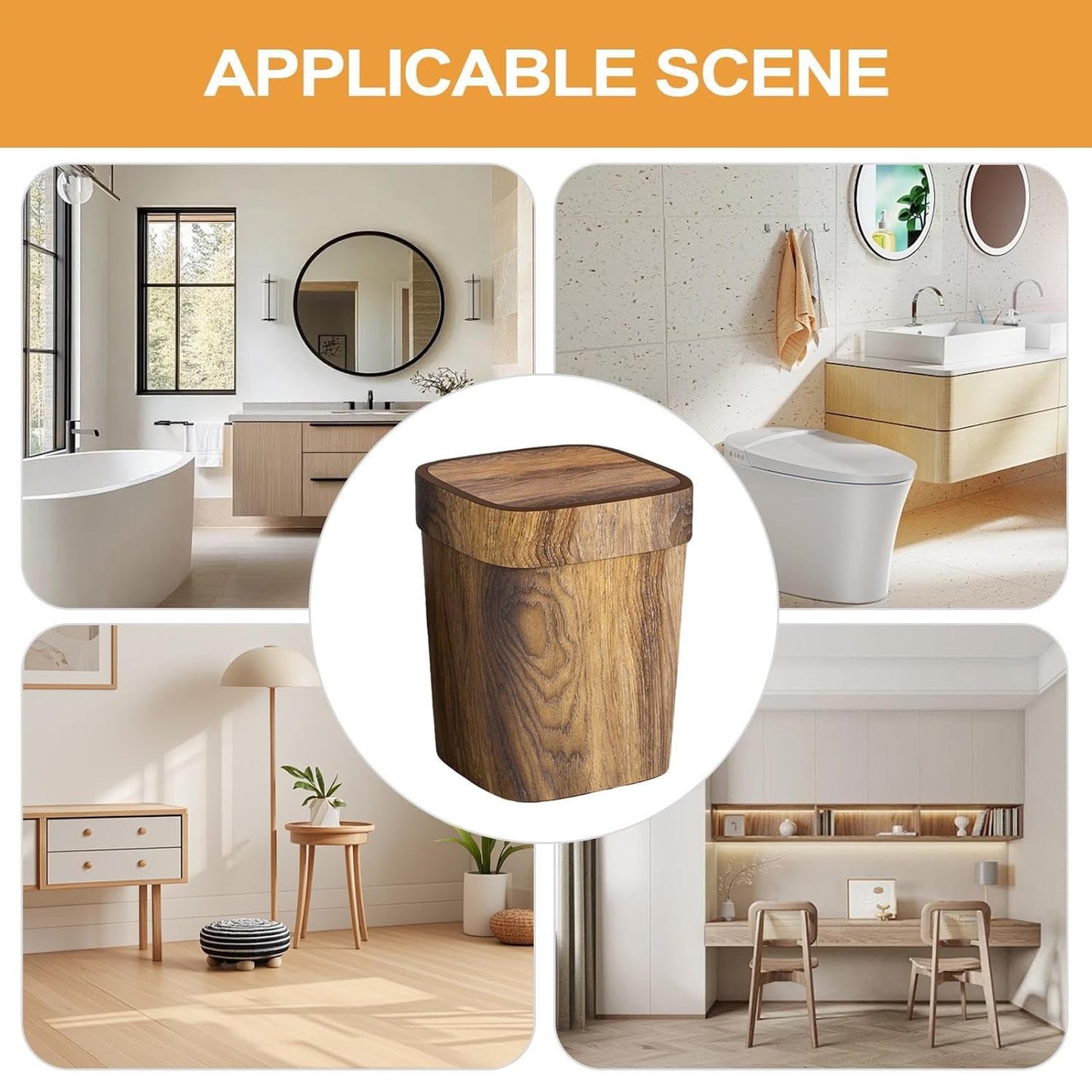 Wood Trash Can - Rectangle Toilet Garbage Bin | Wood Bathroom Accessories, 12L Odor-Proof Trash Can with Swing Lid for Kitchen Laundry Room Under Sink Storage Farmhouse Apartment Living