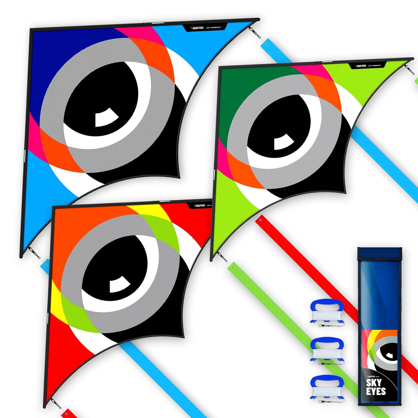 Delta Kite Set for Kids and Adults,Extremely Easy to Launch for Beginners, Perfect for Beaches and Parks,ites for Beach Trip Park Family Outdoor Games and Activities (Eye of The Sky Blue,red,green, 3)
