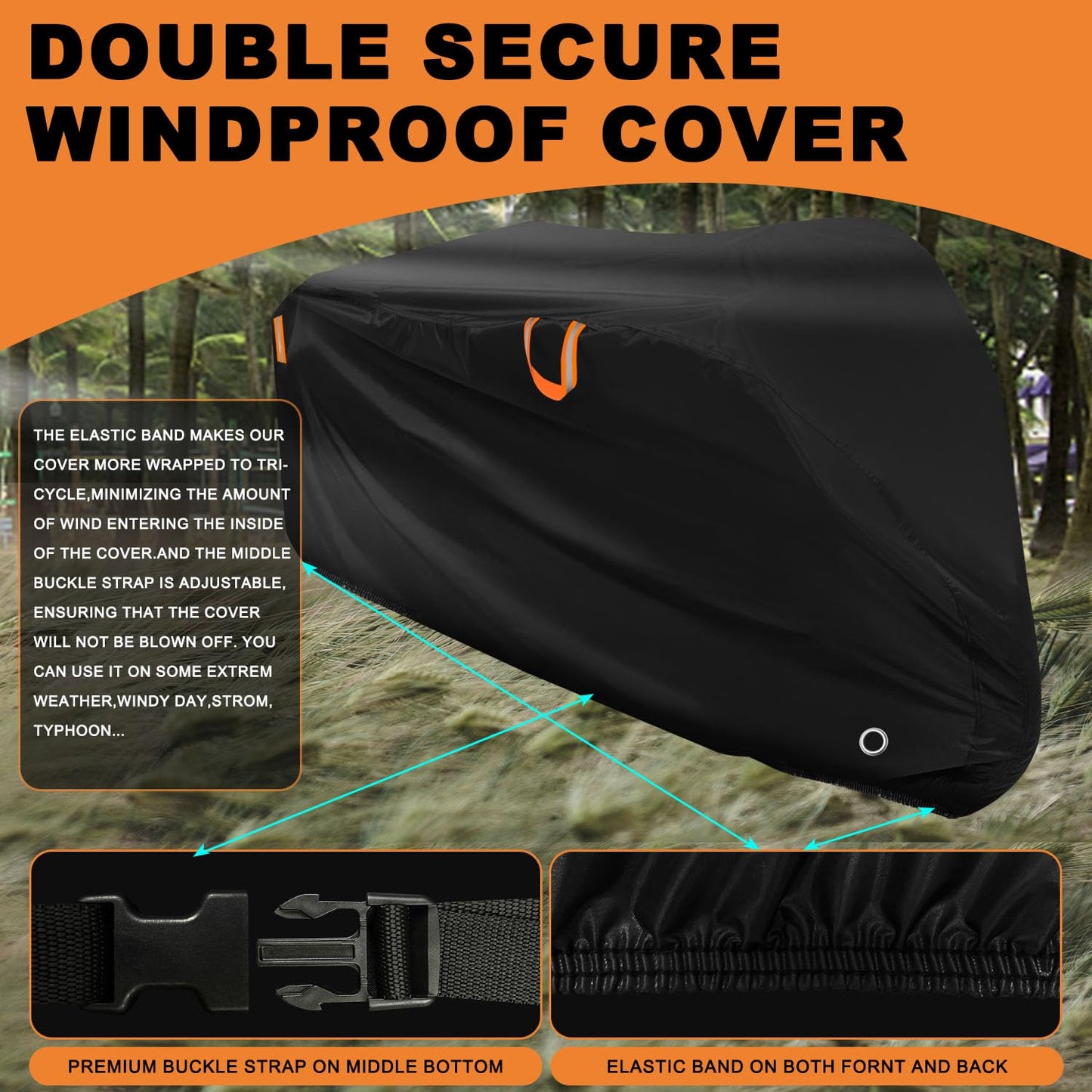 Adult Tricycle Cover Outdoor Storage Waterproof ,Heavy Duty Anti-UV 420D Tearproof Bike Covers Fit for Electric Trike,3 Wheels eTrike Bicycle, All Weather Use,Windproof Buckle,Lock Hole