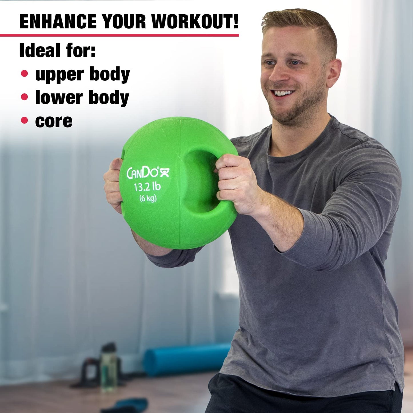 CanDo Molded Dual-Handle Medicine Ball for Strength Training, Core Workouts, Warmups, Cardio, and Plyometrics with Handles for Home and Clinic Use