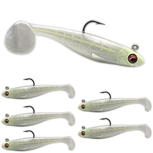 USA Bass Tackle Patriot Shad - Scent Infused Paddle Tail Swimbaits Pre Rigged Fishing Lures Premium Bait with Strong Owner Hook, Fishing Gear for Freshwater Bass Crappie Trout - Bone Glow