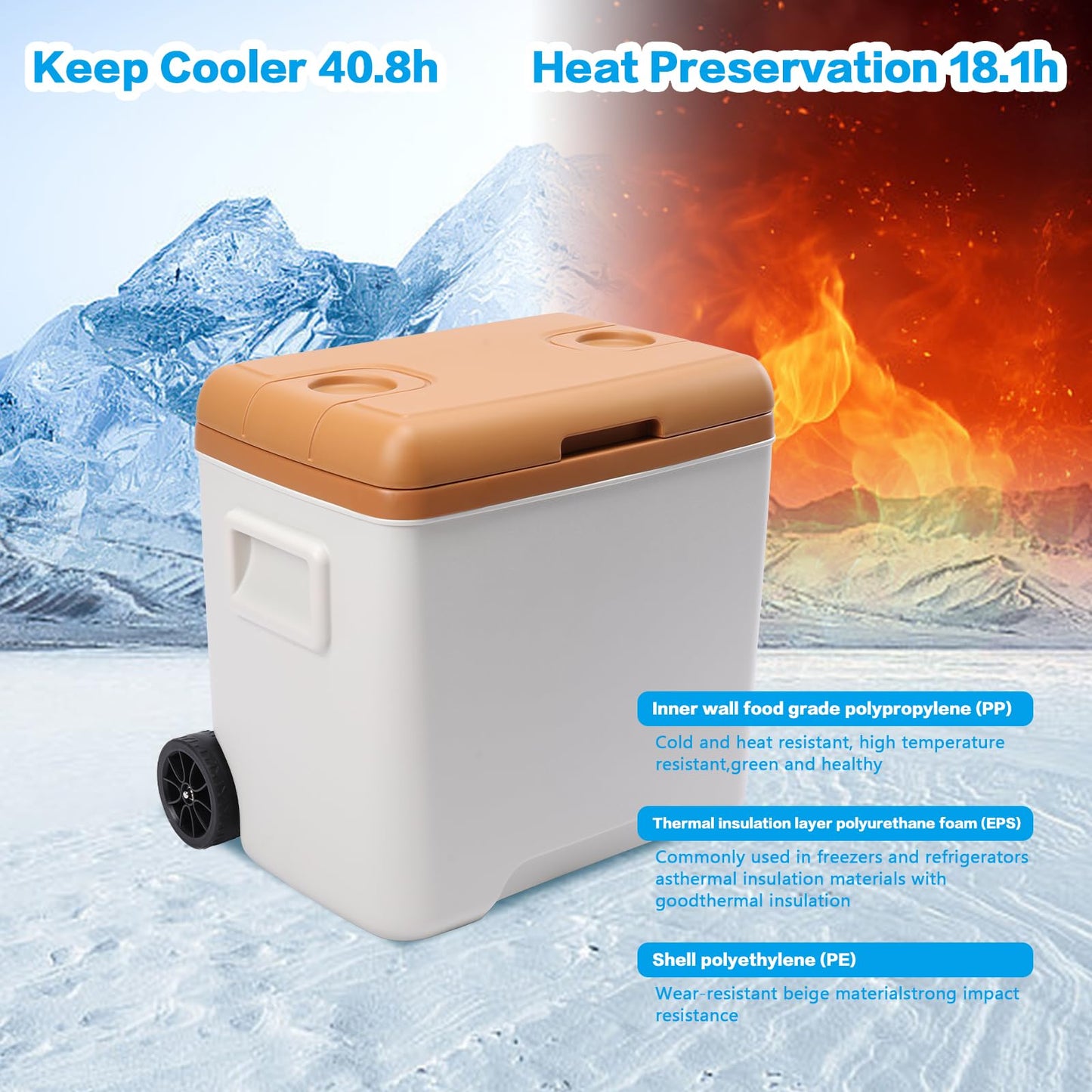 Aircity 32 Qt Cooler with Wheels, Ice Chests Portable Camping Cooler-2 Cup Holders, 4 Inch Wheels & Retractable Handle for Car Fridge for RV, Truck, Van, Camping, Travel, Outdoor(30L)