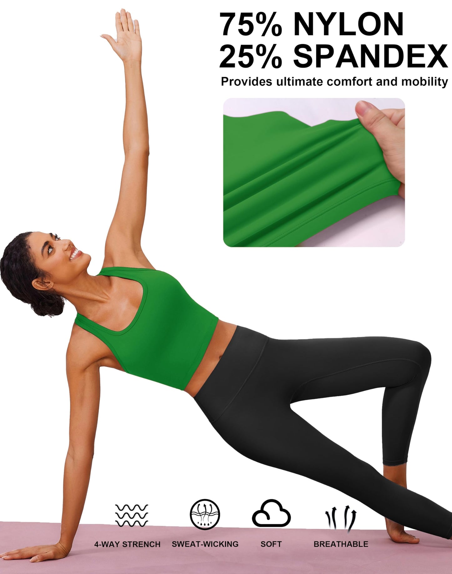 PINSPARK Sports Bras for Women Longline Workout Tops with Light Supportive Racerback Tank with Built in Bra Pilate Crop Top, Green Medium