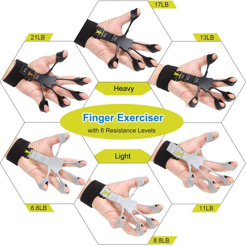 Grip Strength Trainer Kit (5 Pack) with Finger Exerciser, Hand Grip Strengthener, Hand Extension Exerciser, Stress Relief Ball and Forearm Workout Ring for Muscle Building and Injury Recover, Silicone