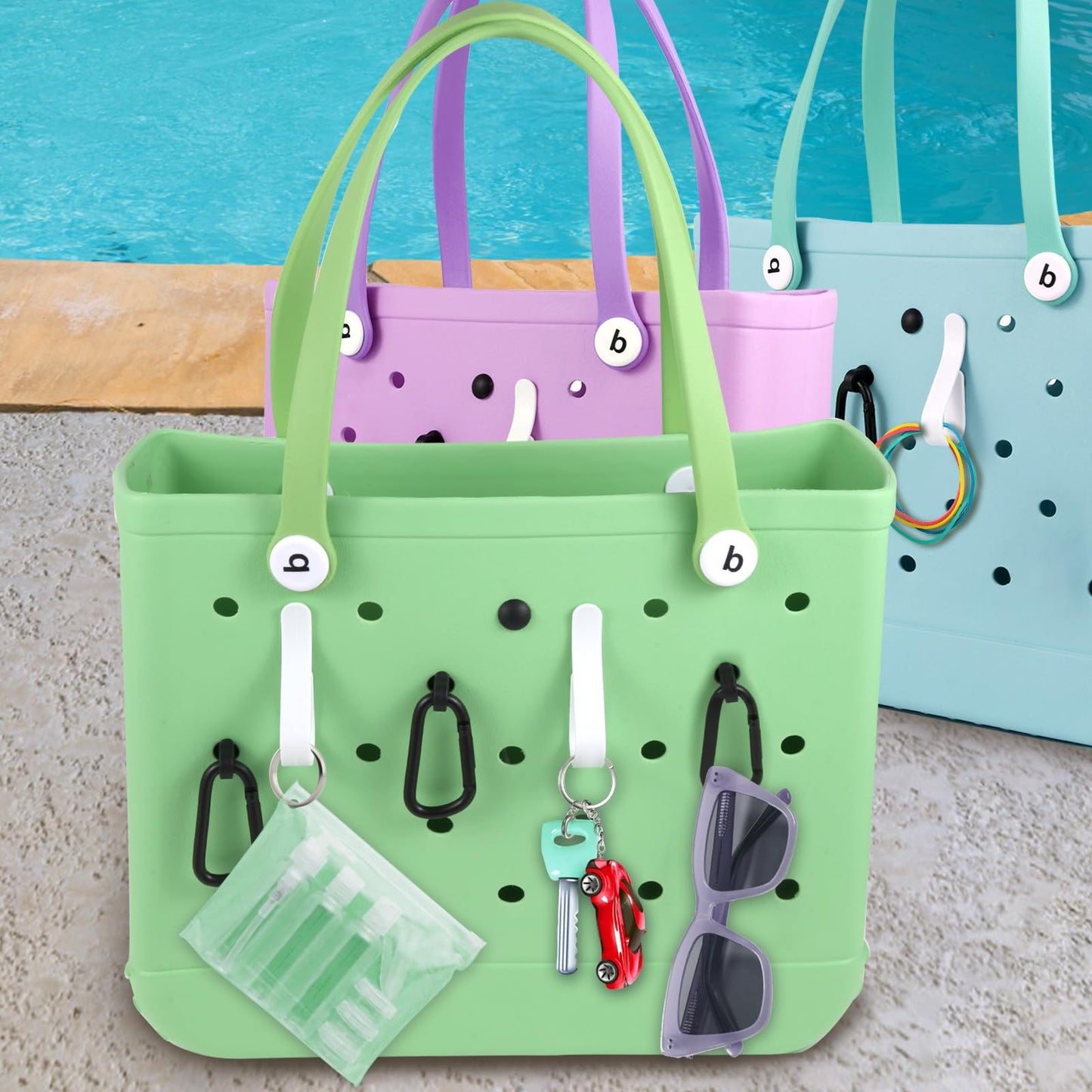 GERYUAEG 10Pcs Inserts Hooks Accessories for Bogg Bag, Durable Charms Key Holder & Carabiner Keychain Compatible with Rubber Beach Tote Bags (black10)