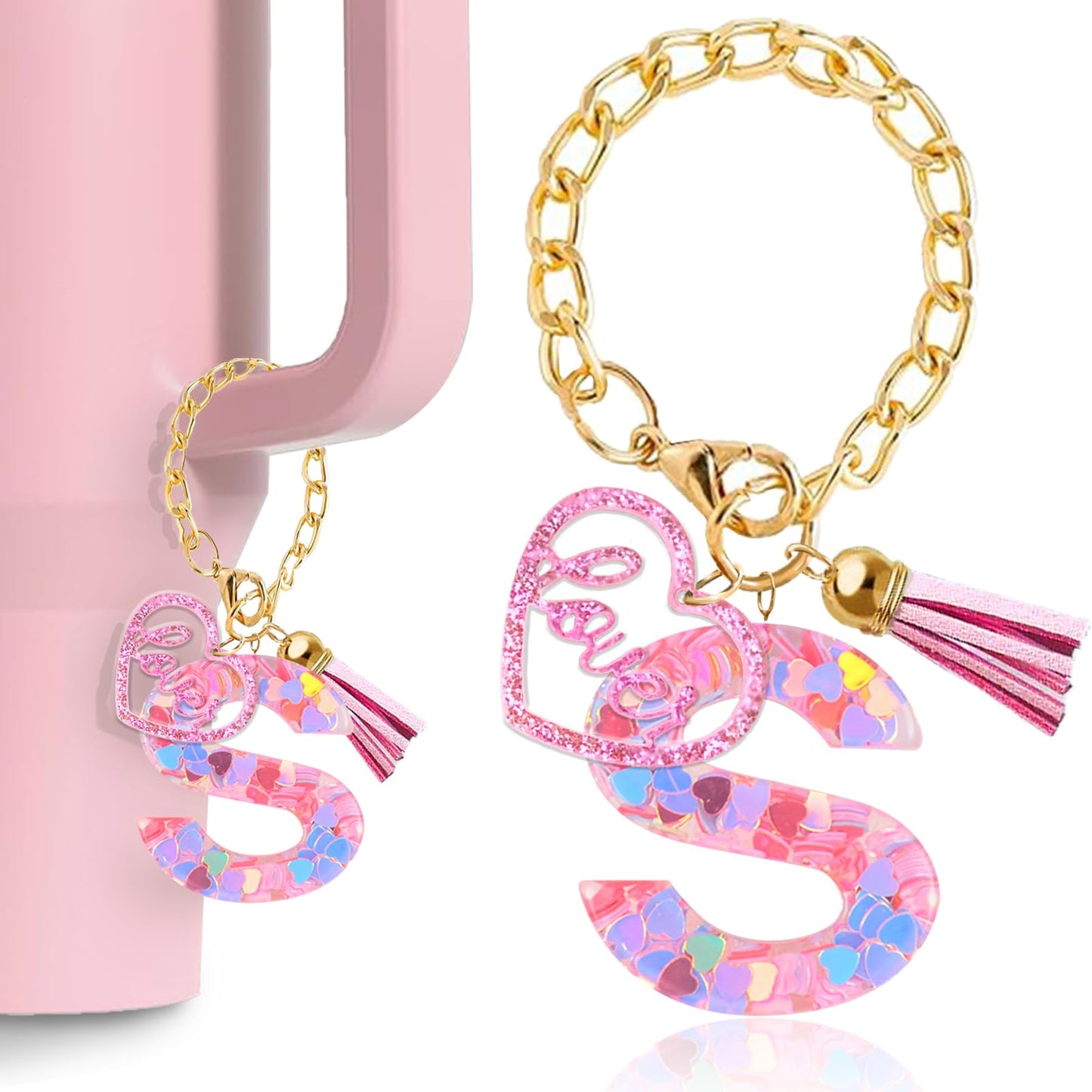 Fabenyok Letter Charm Accessories for Stanley Cup, Cute Initial Letter Keychain Handle Charm with Love for Stanley Tumbler for Women Girls (Pink, Letter S)