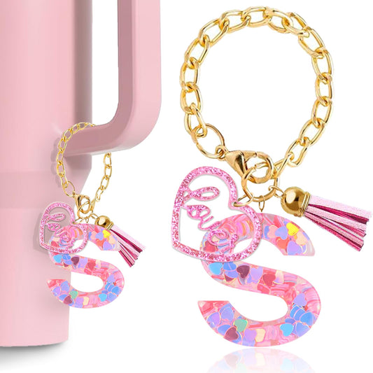 Fabenyok Letter Charm Accessories for Stanley Cup, Cute Initial Letter Keychain Handle Charm with Love for Stanley Tumbler for Women Girls (Pink, Letter S)