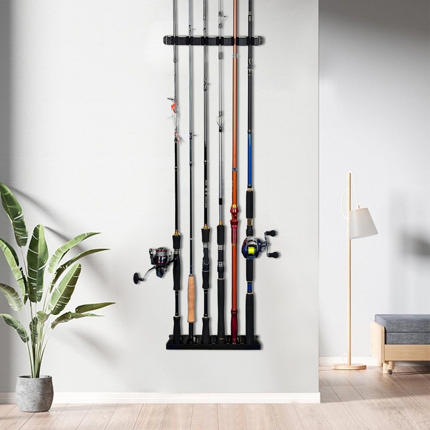 Fishing Rod Holders Wall-Mounted 2 Pairs, Simple Deluxe Fishing Pole Holder & Rack Store up to 12 Rods or Combos for Garage & Boat (Vertical, Black)