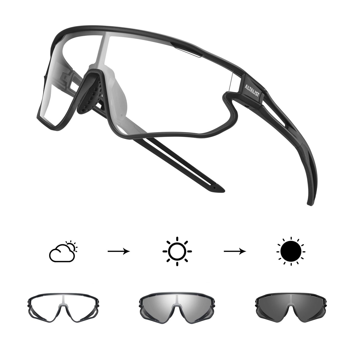 ALTALIST Photochromic Cycling Glasses, UV400 Protection Sports Sunglasses Eyewear Baseball Running Fishing for Men Women Youth,Pure Black Frame