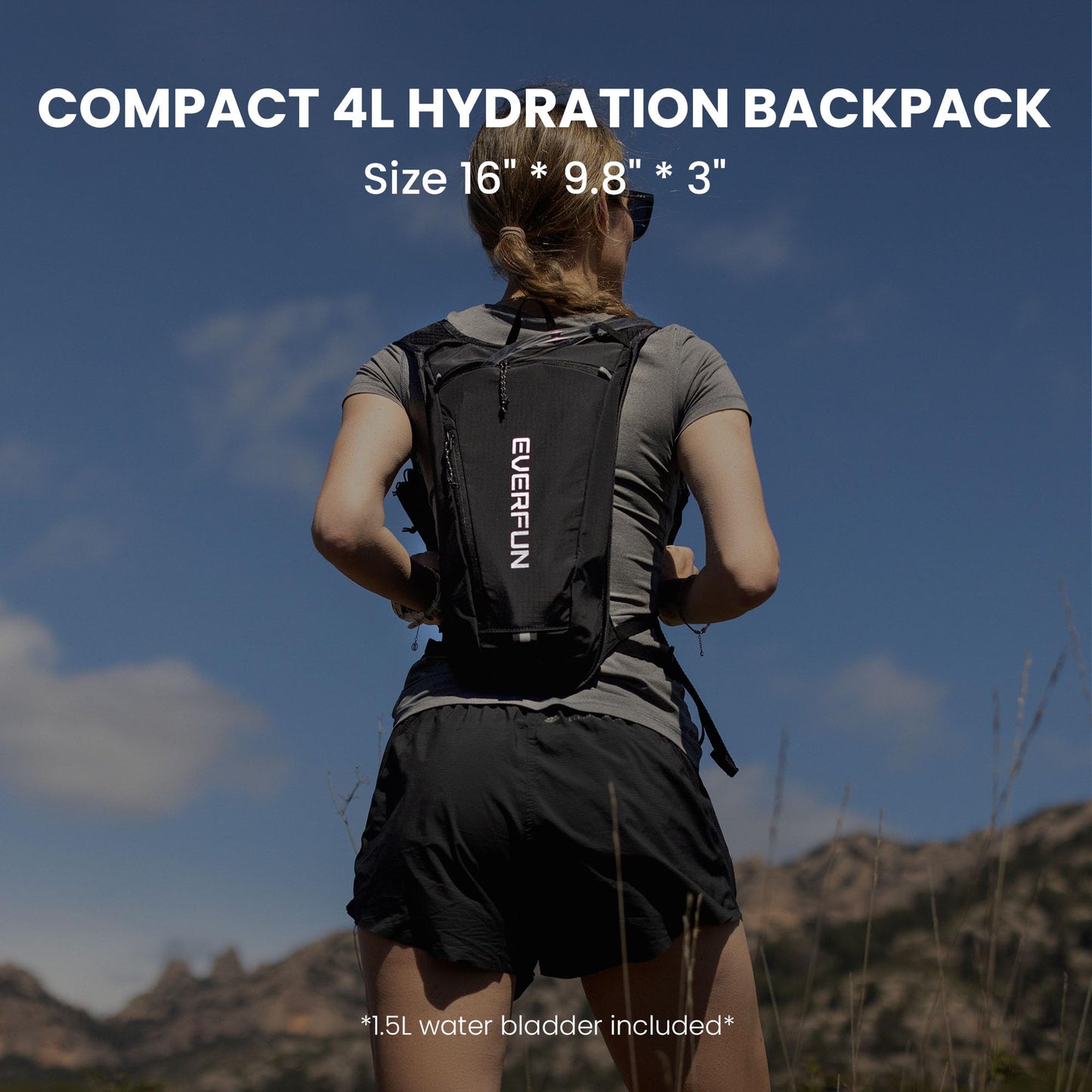 EVERFUN Hydration Backpack Running Vest Small Hiking Water Backpack with 1.5L Water Bladder for Women Men, Lightweight Reflective Dayhike Hydro Pack for Trail Running, Biking, Race, Marathons, Black