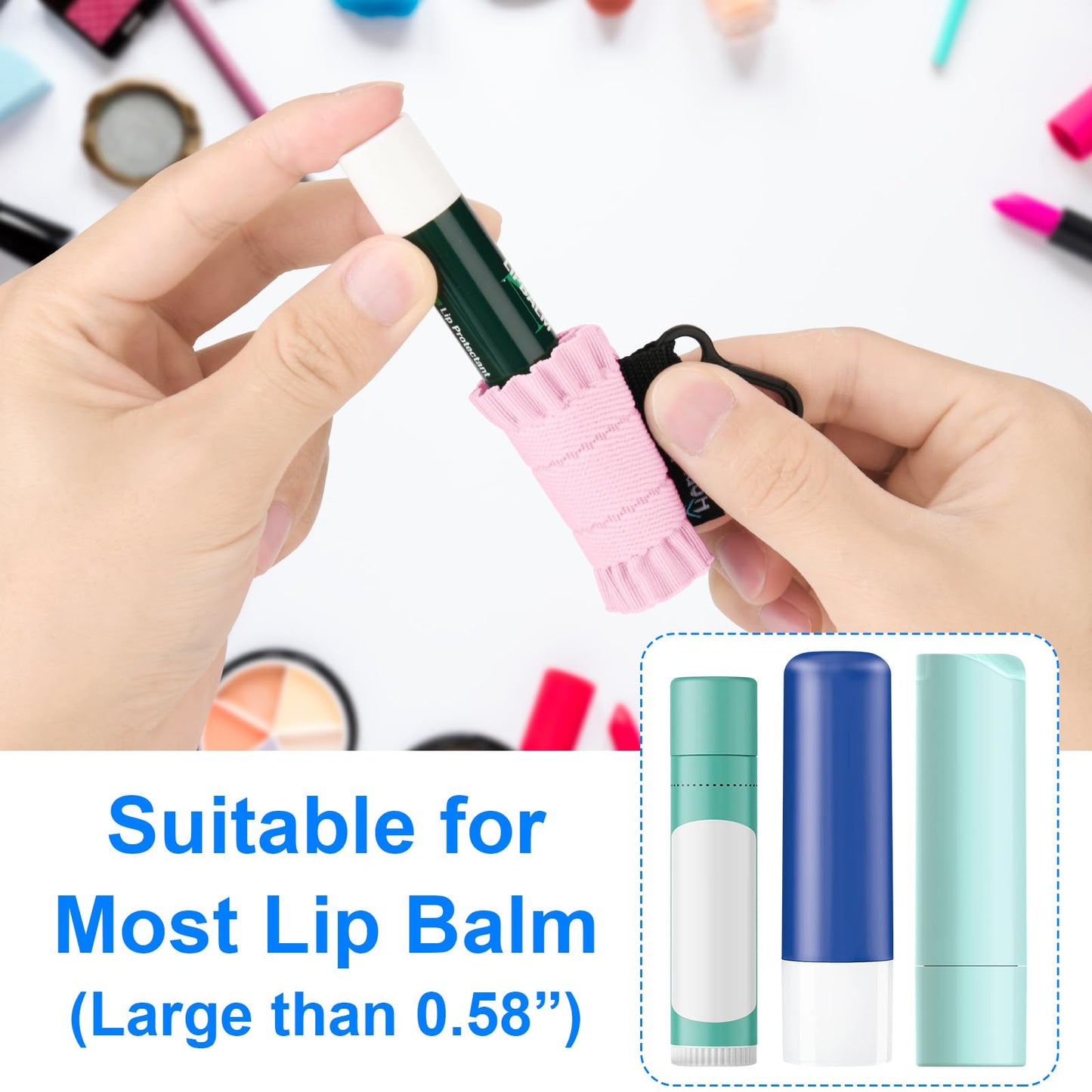 Homakover Lip Balm Holder Keychain, 5 Pack Compact Clip On Chapstick Sleeve Holder, Tight-Knit Elastic Lipstick Sleeve (Purple/Blue/Pink/Beige/Coffee)