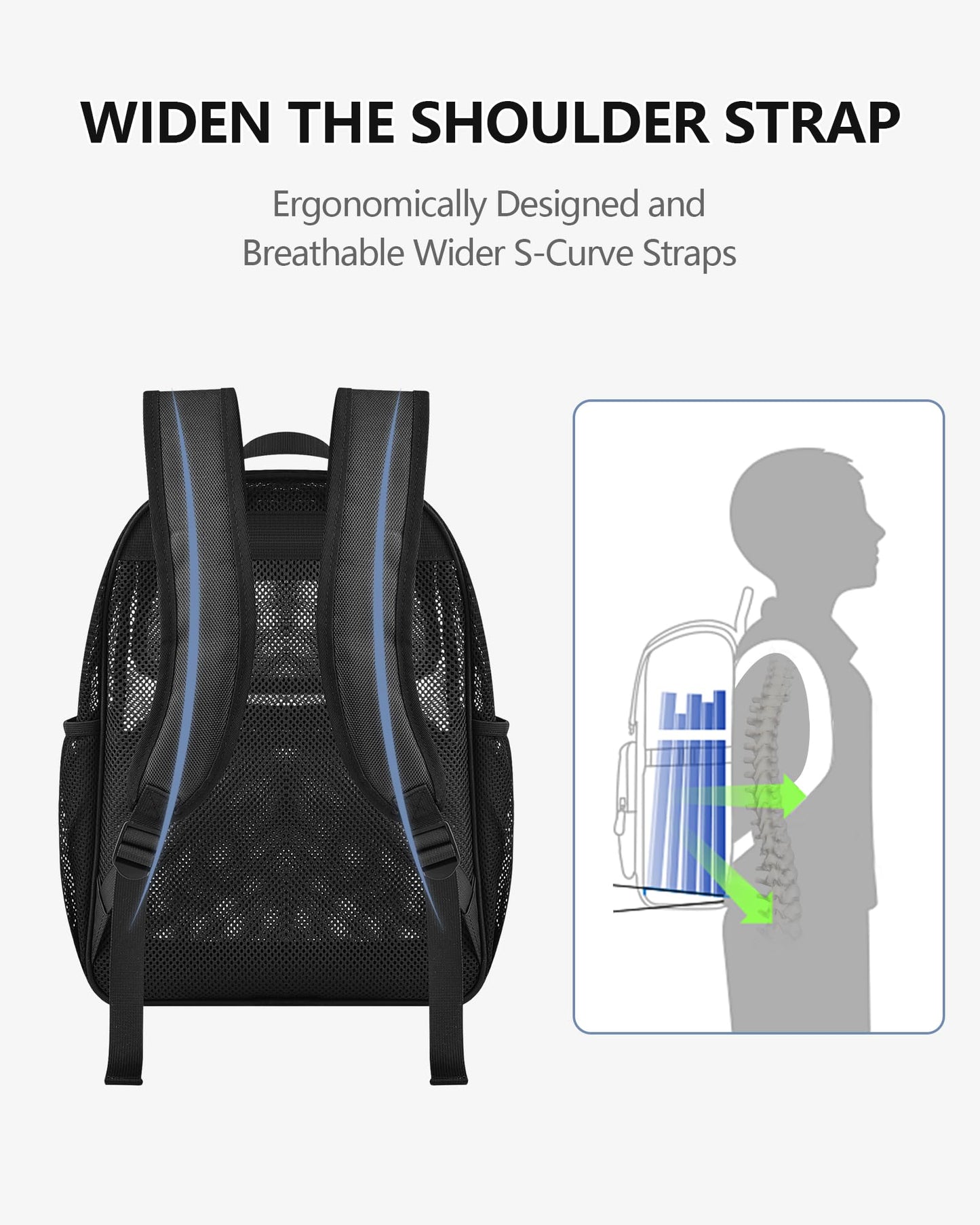 Lyingflat Mesh Backpack with Inner Compartment, Large Heavy Duty Mesh Bookbag with Padded Shoulder Straps for Travel Swimming Hiking Beach - Black