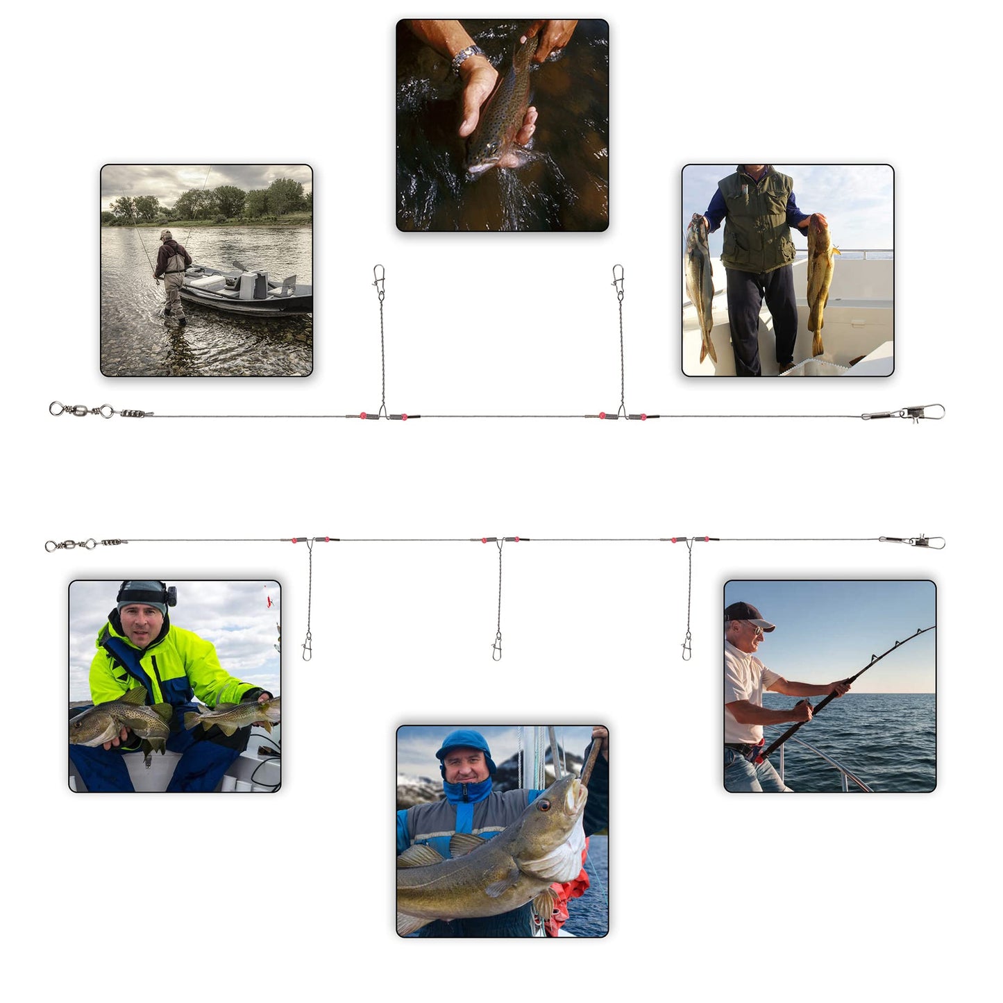 Fishing Leader Saltwater Freshwater,Stainless Steel Fishing Rig with Swivel Snap Beads Connector Lure Bait and Hooks Fishing Trace Lure Steel Wire Fishing Tackle Kit 2arm 12pack