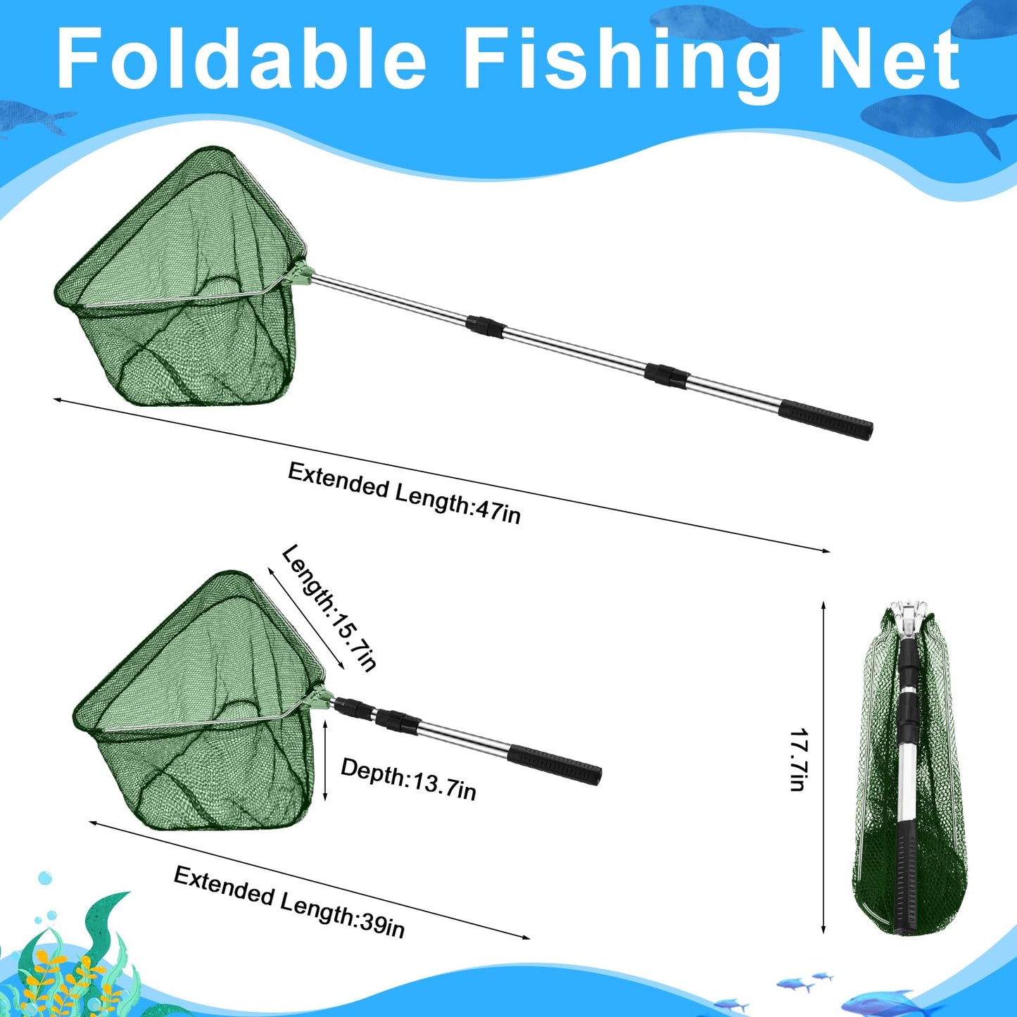 Hollowfly 2 Pcs Steel Wire Fish Basket and Fishing Landing Net with Extension Aluminum Telescoping Pole Includes 1 Portable Fishing Net with Handle 1 Collapsible Wire Fishing Basket for Women Men