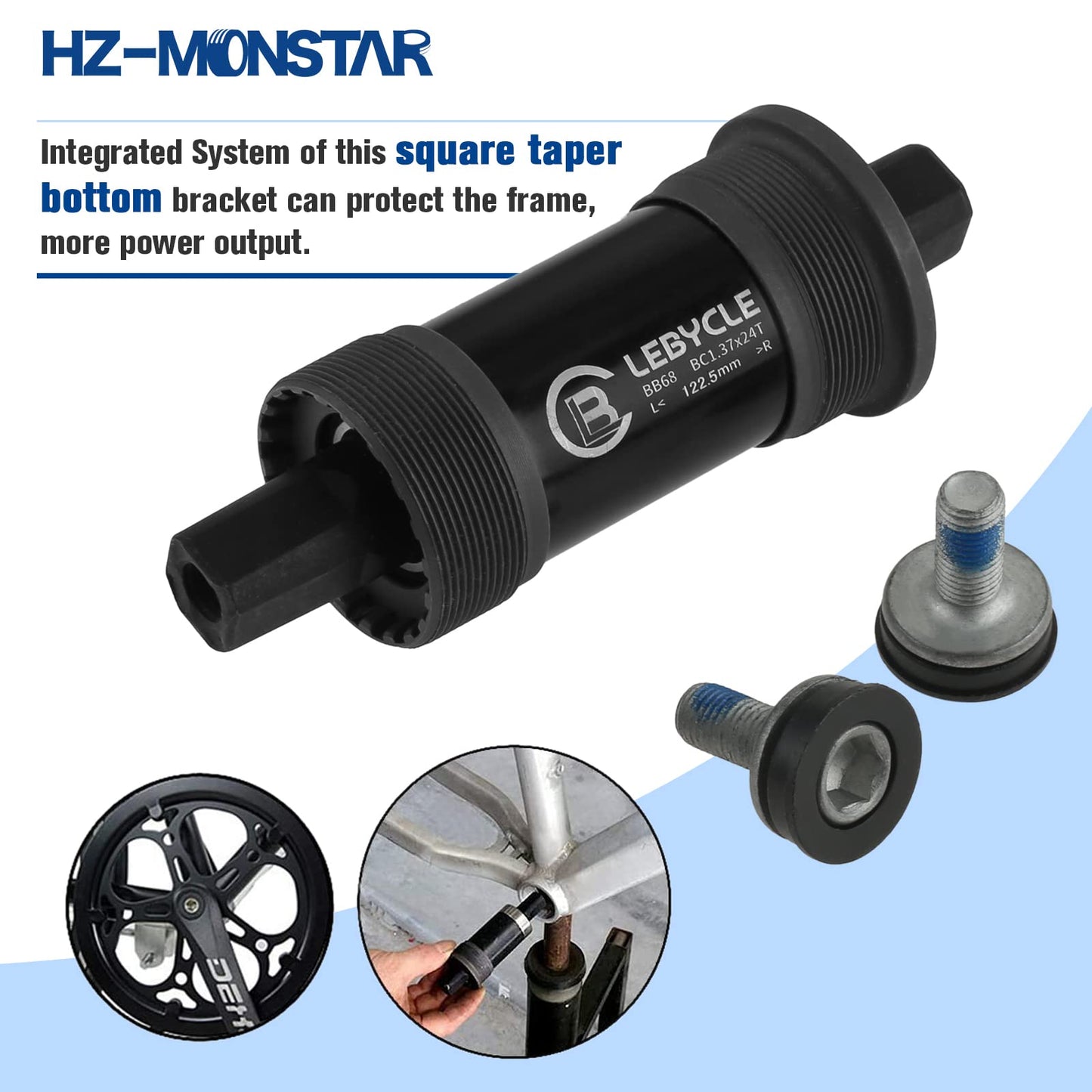 HZ-MONSTAR Square Tapered Bottom Bracket, Bike Bottom Bracket Power Spline Bottom Bracket with Screws for Square Tapered Spindle Crank 68mm x 122.5mm