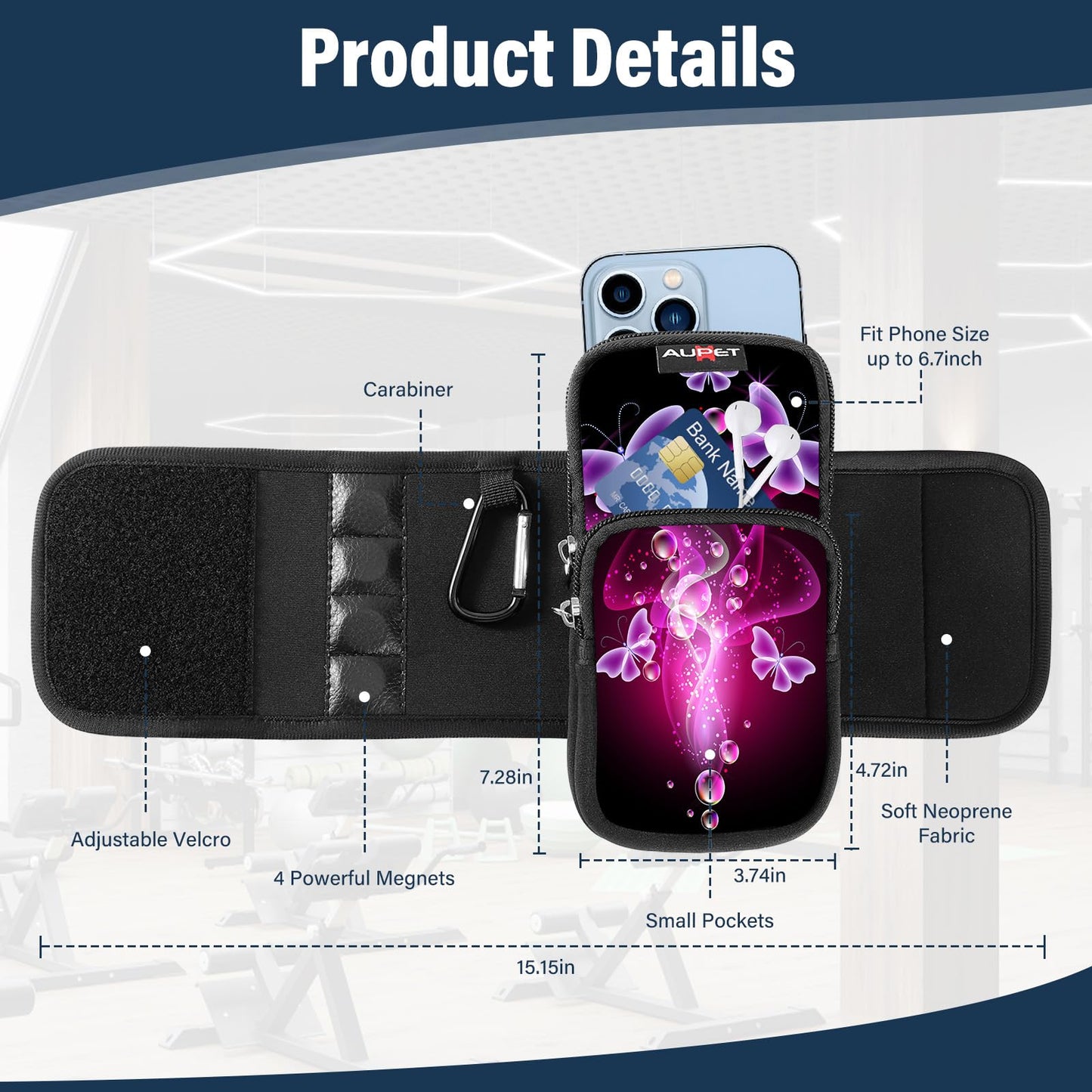 AUPET Magnetic Gym Water Bottle Holder - Gym accessories for men Women,Magnet Bottle Cup Carrier Phone Bag Sleeve Pouch Purse (Purple Butterfly, S(fit 16-25oz bottle))