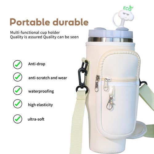 DOVO Water Bottle Carrier Bag with Pocket for Stanley 40 oz Tumbler Neoprene Water Bottle Holder Pouch with Adjustable Strap Bollus with Straw Cover & Letter Charm for Stanley Cup Accessories