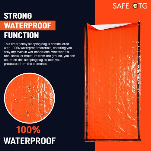 SAFE OTG Emergency Rain Poncho & Sleeping Bag Set of 2 Orange Thermal Mylar Space Blanket Sack Survival Kit for Car Activities Hiking Camping Gear Equipment