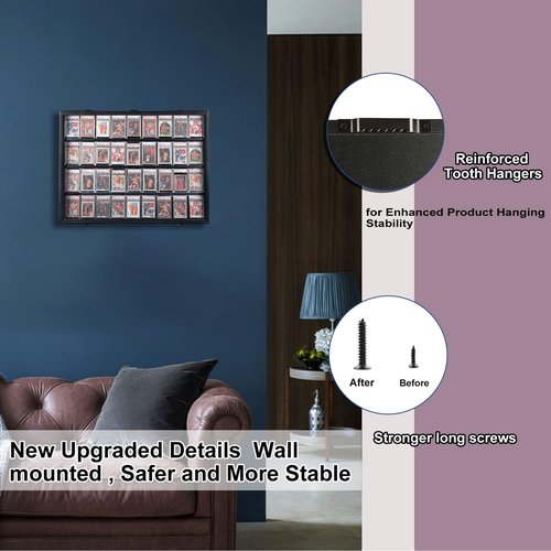 Baseball Card Display Case 36 Graded Sport Card Display Case Wall Mount with Clear View and UV Protection Acrylic Door for Baseball Football Basketball Hockey Trading Card Collection, Black